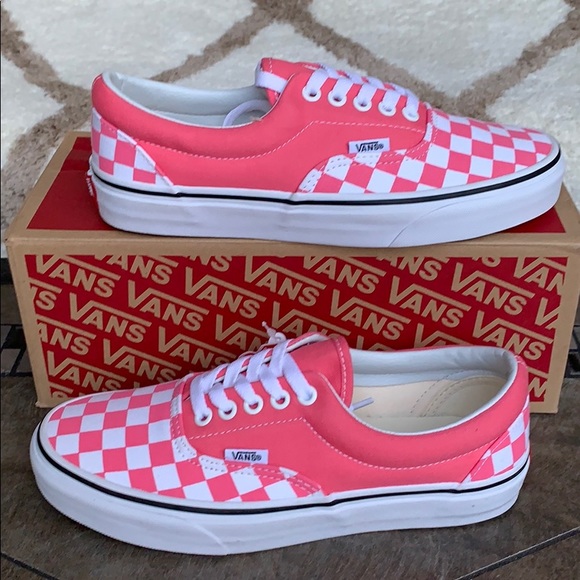 vans era checkerboard strawberry pink white